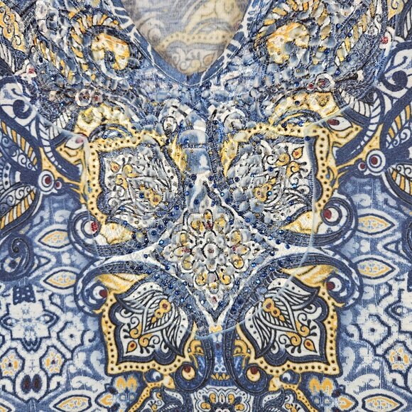 Catherines Womens 26 Blue  Yellow geometric Top With Embellished Beachy Casual - Picture 3 of 10